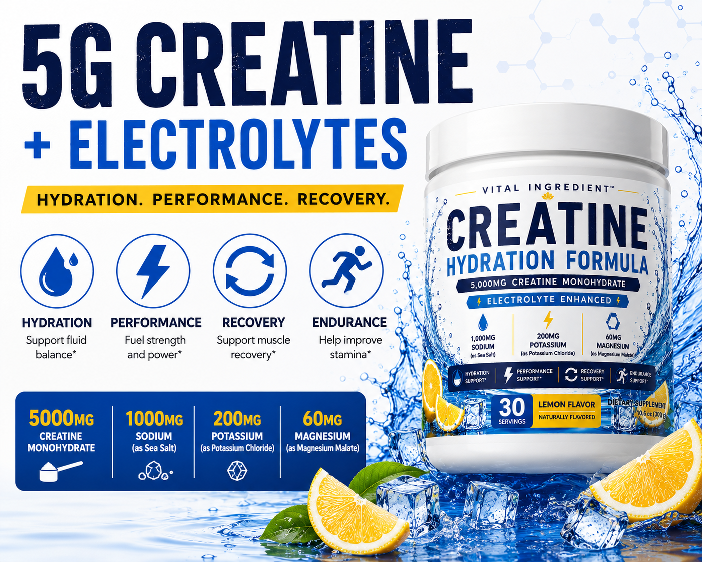 Creatine Hydration Powder | 5000mg Creatine + Electrolytes | Lemon Flavor