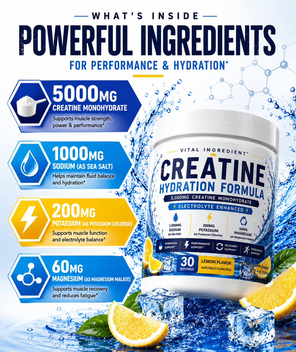 Creatine Hydration Powder | 5000mg Creatine + Electrolytes | Lemon Flavor