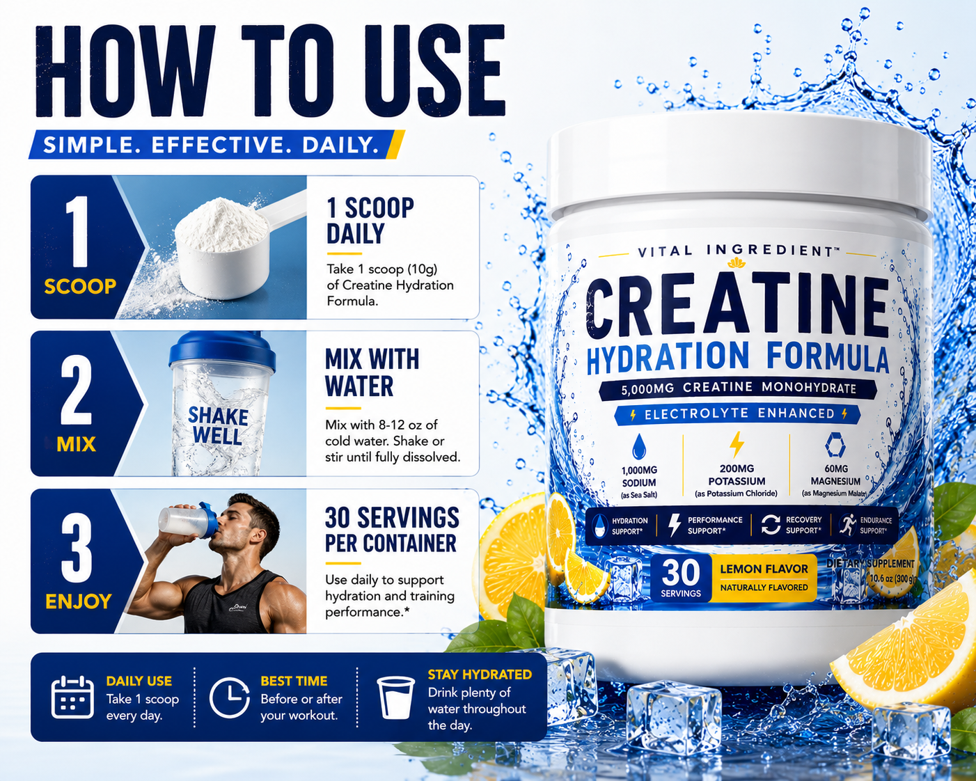 Creatine Hydration Powder | 5000mg Creatine + Electrolytes | Lemon Flavor