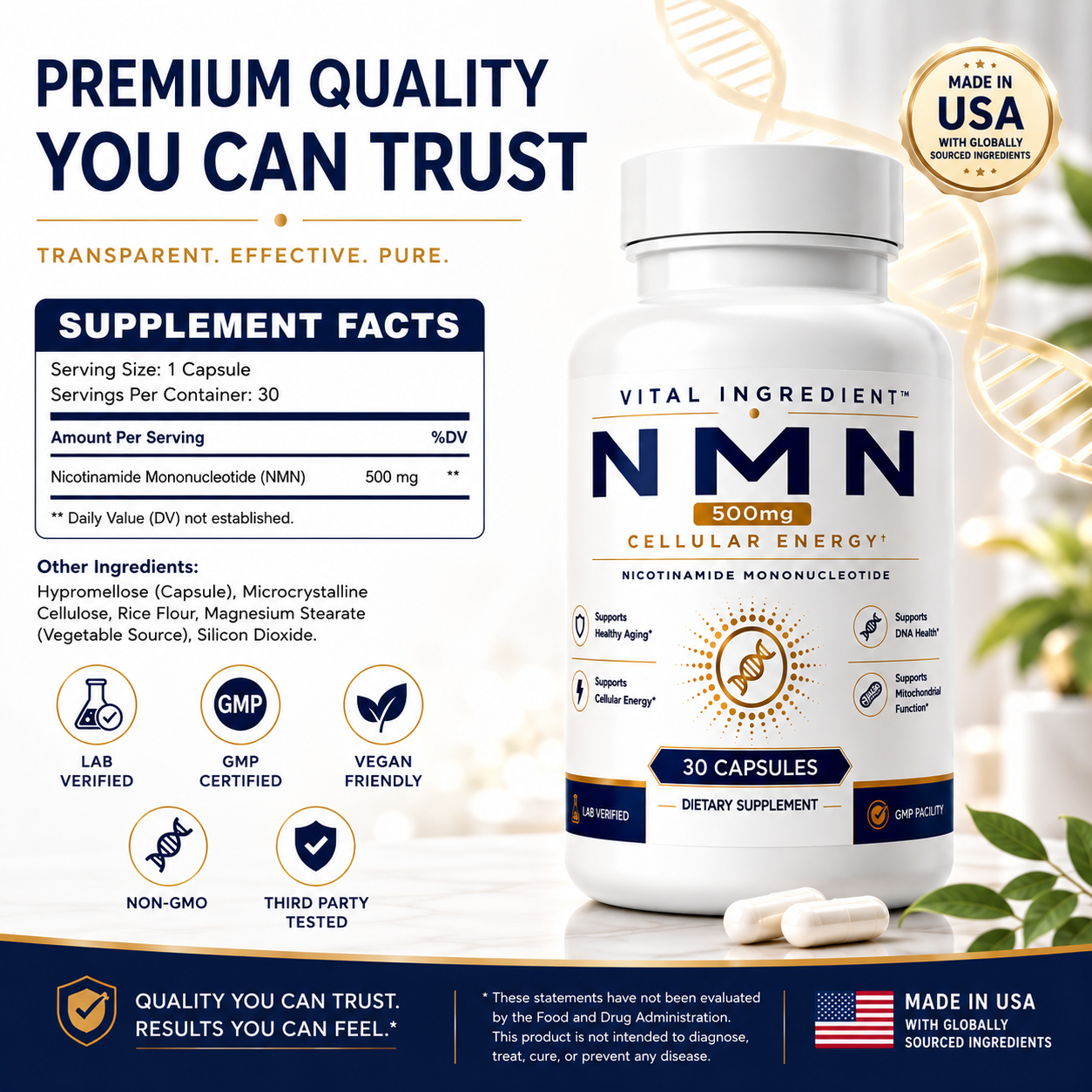 NMN 500mg Capsules | High-Purity NAD+ Precursor Supplement