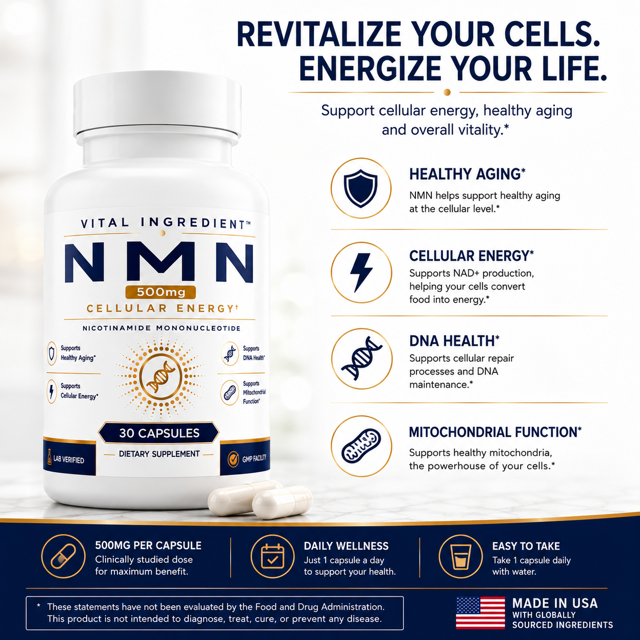 NMN 500mg Capsules | High-Purity NAD+ Precursor Supplement