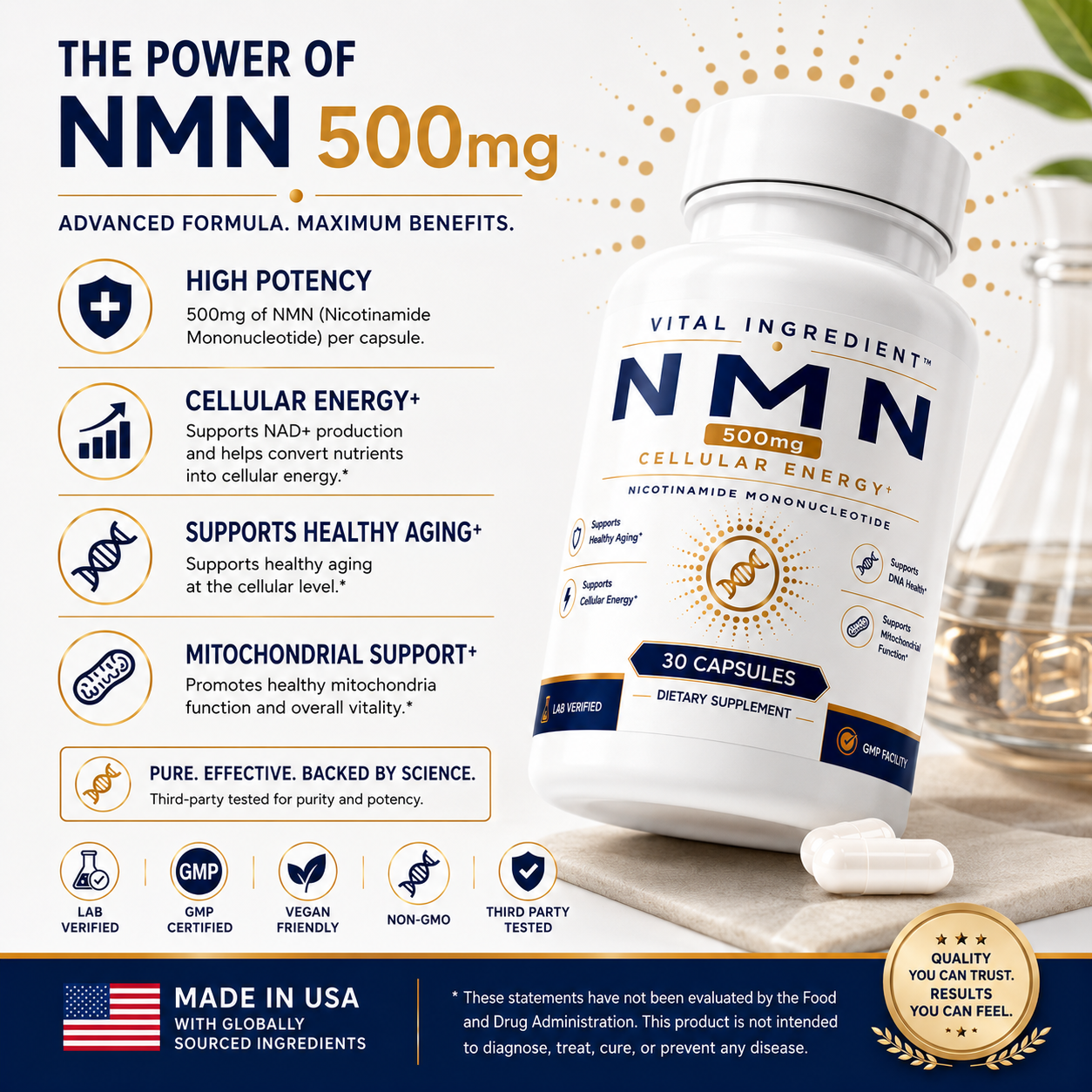 NMN 500mg Capsules | High-Purity NAD+ Precursor Supplement