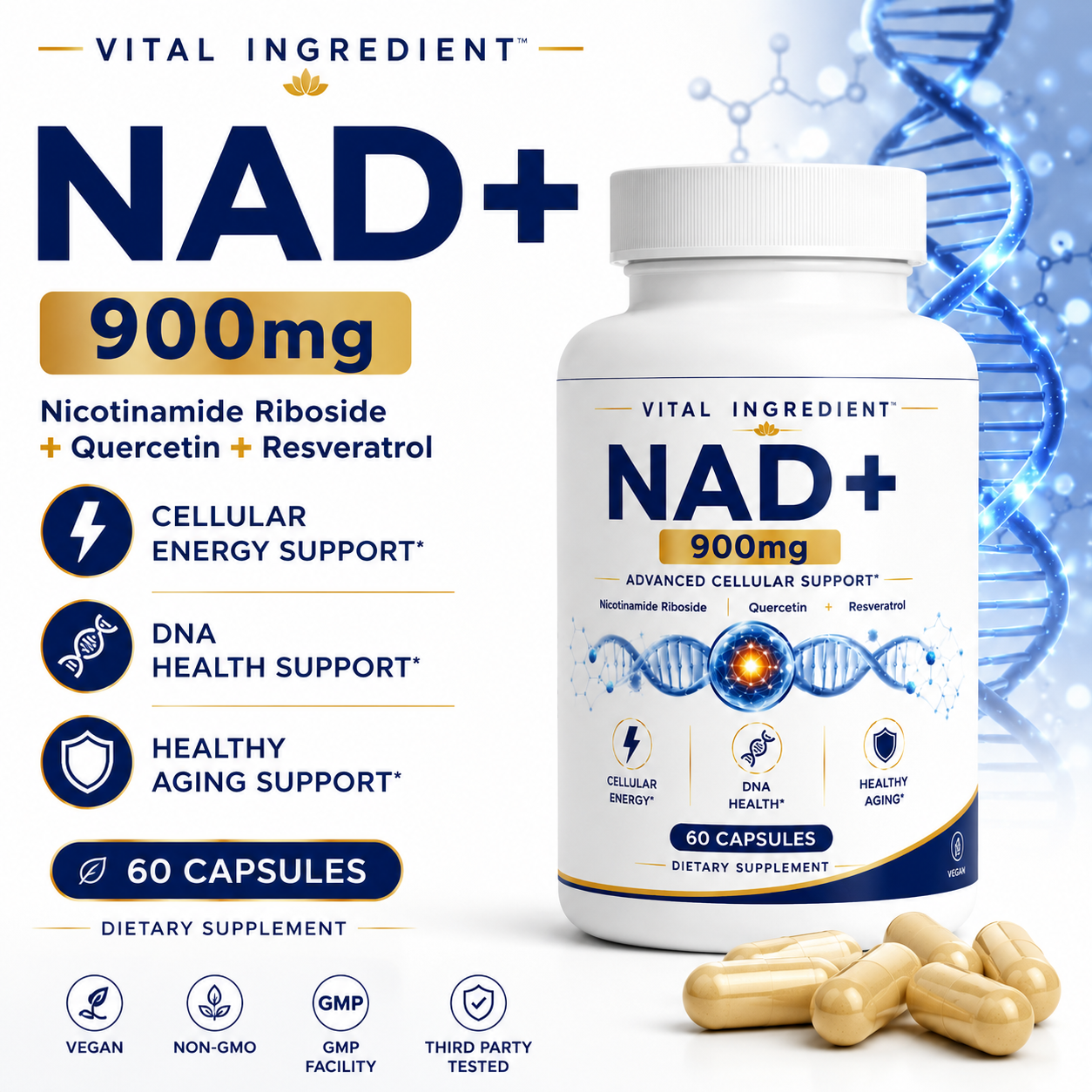 NAD+ 500mg Capsules | with Quercetin & Resveratrol | Cellular Energy & Longevity