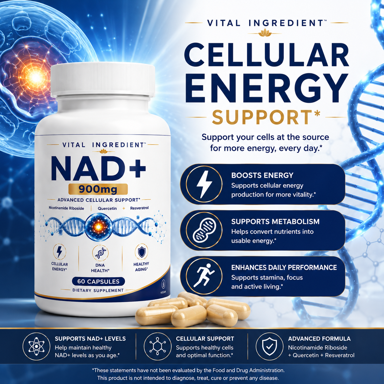 NAD+ 500mg Capsules | with Quercetin & Resveratrol | Cellular Energy & Longevity