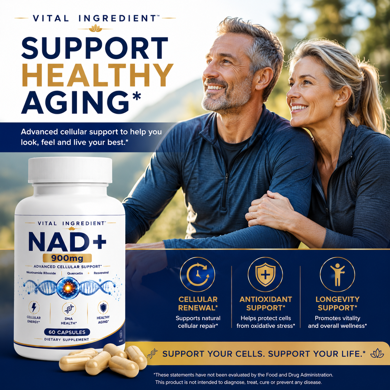 NAD+ 500mg Capsules | with Quercetin & Resveratrol | Cellular Energy & Longevity