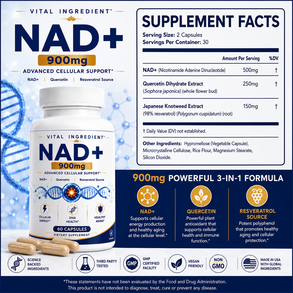 NAD+ 500mg Capsules | with Quercetin & Resveratrol | Cellular Energy & Longevity