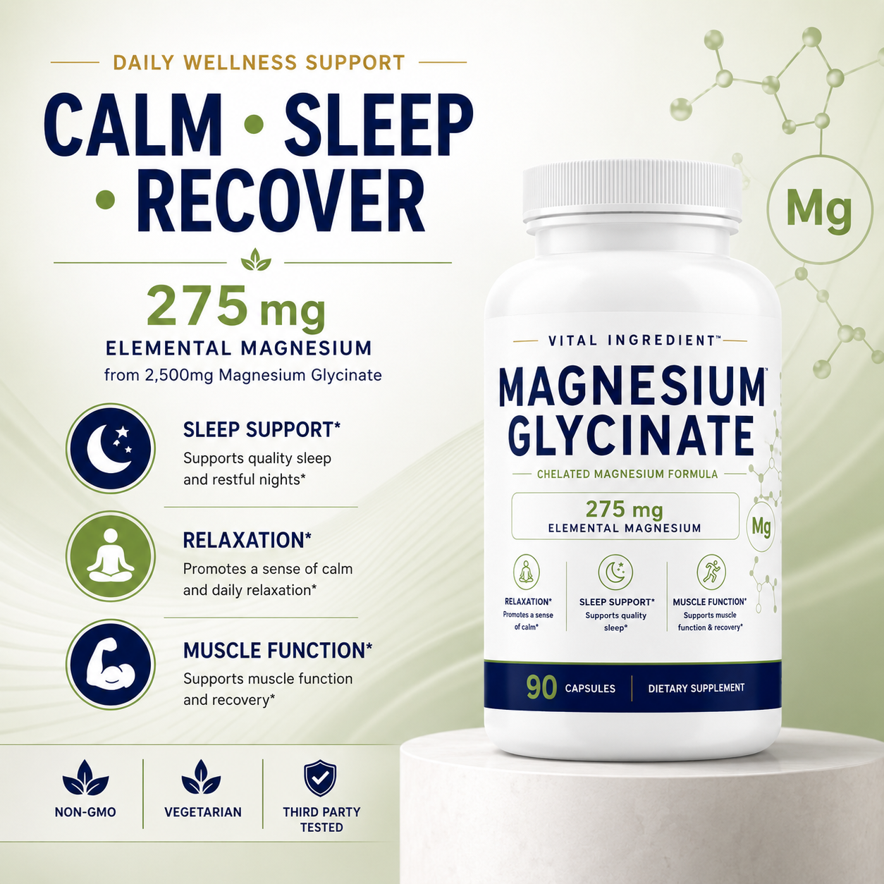 Magnesium Glycinate Capsules | 275mg Elemental Magnesium | Sleep & Relaxation Support