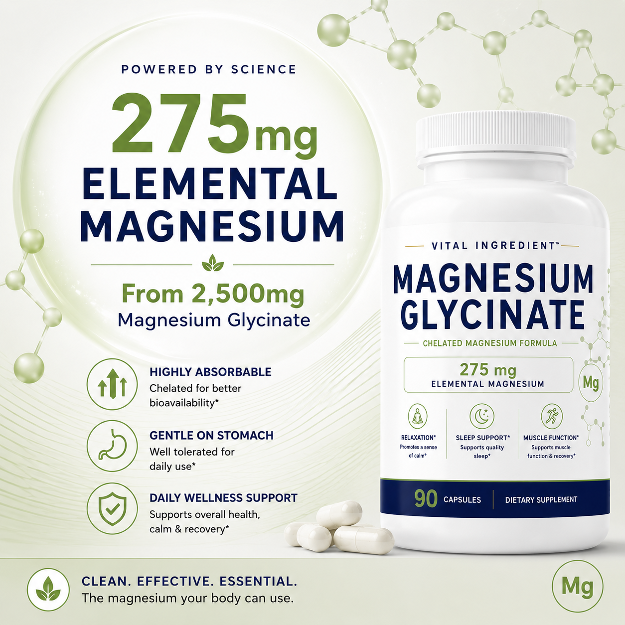 Magnesium Glycinate Capsules | 275mg Elemental Magnesium | Sleep & Relaxation Support