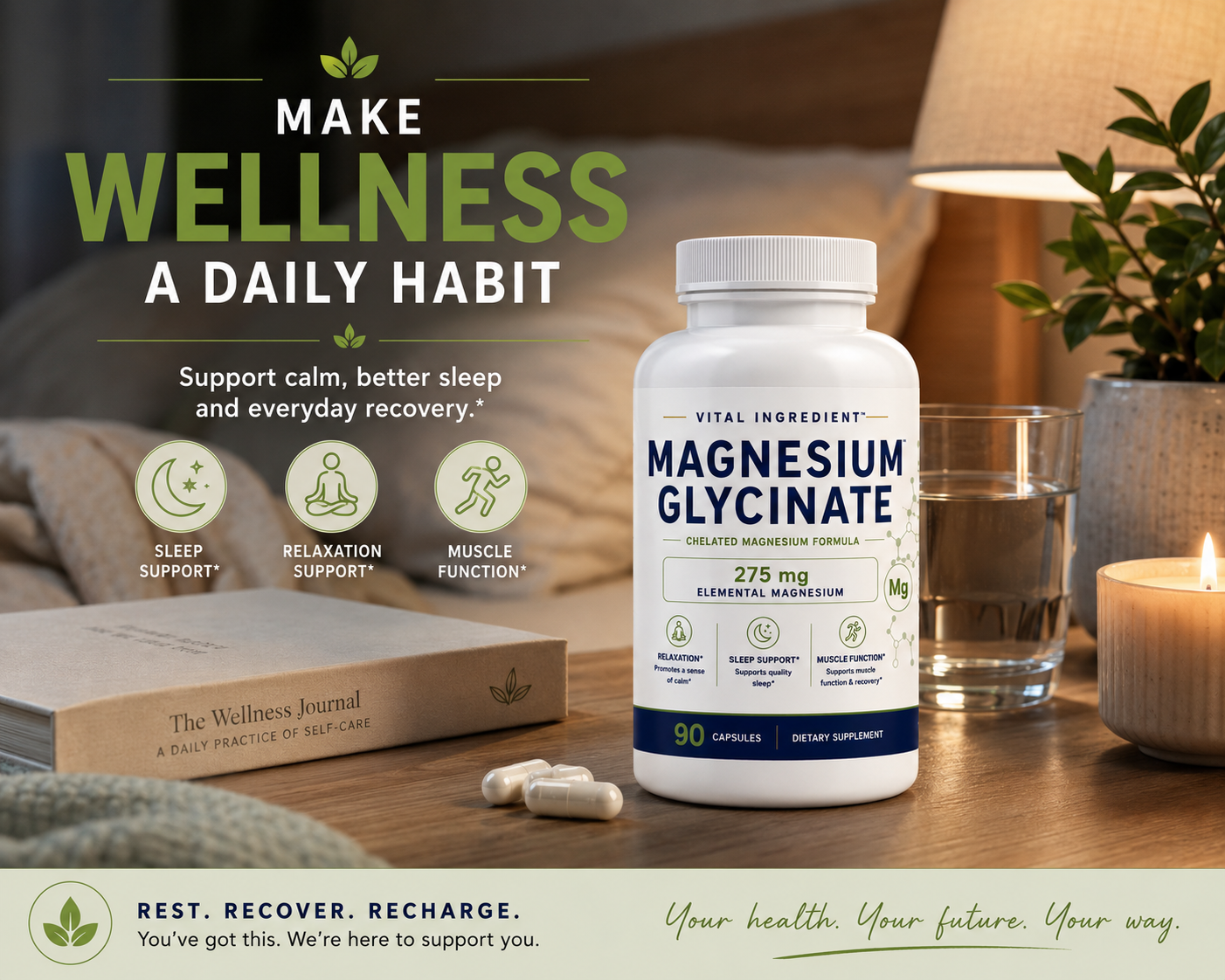 Magnesium Glycinate Capsules | 275mg Elemental Magnesium | Sleep & Relaxation Support