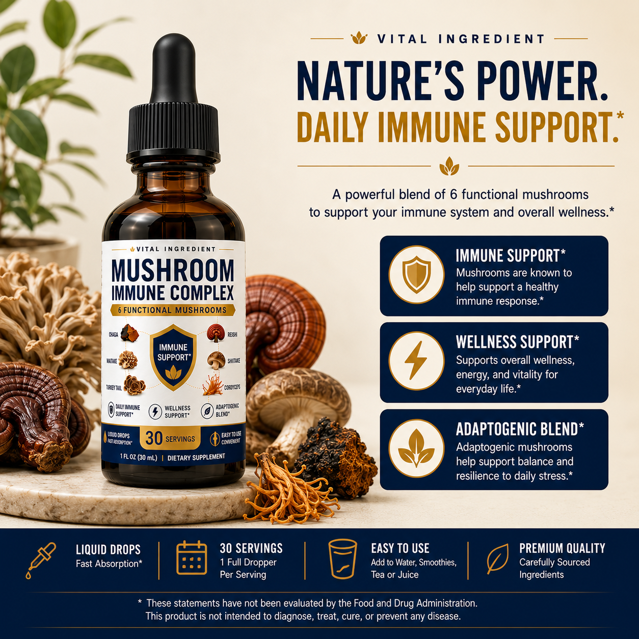 Adaptogen Immunity Drops | 6-Mushroom Liquid Blend | Daily Immune Support
