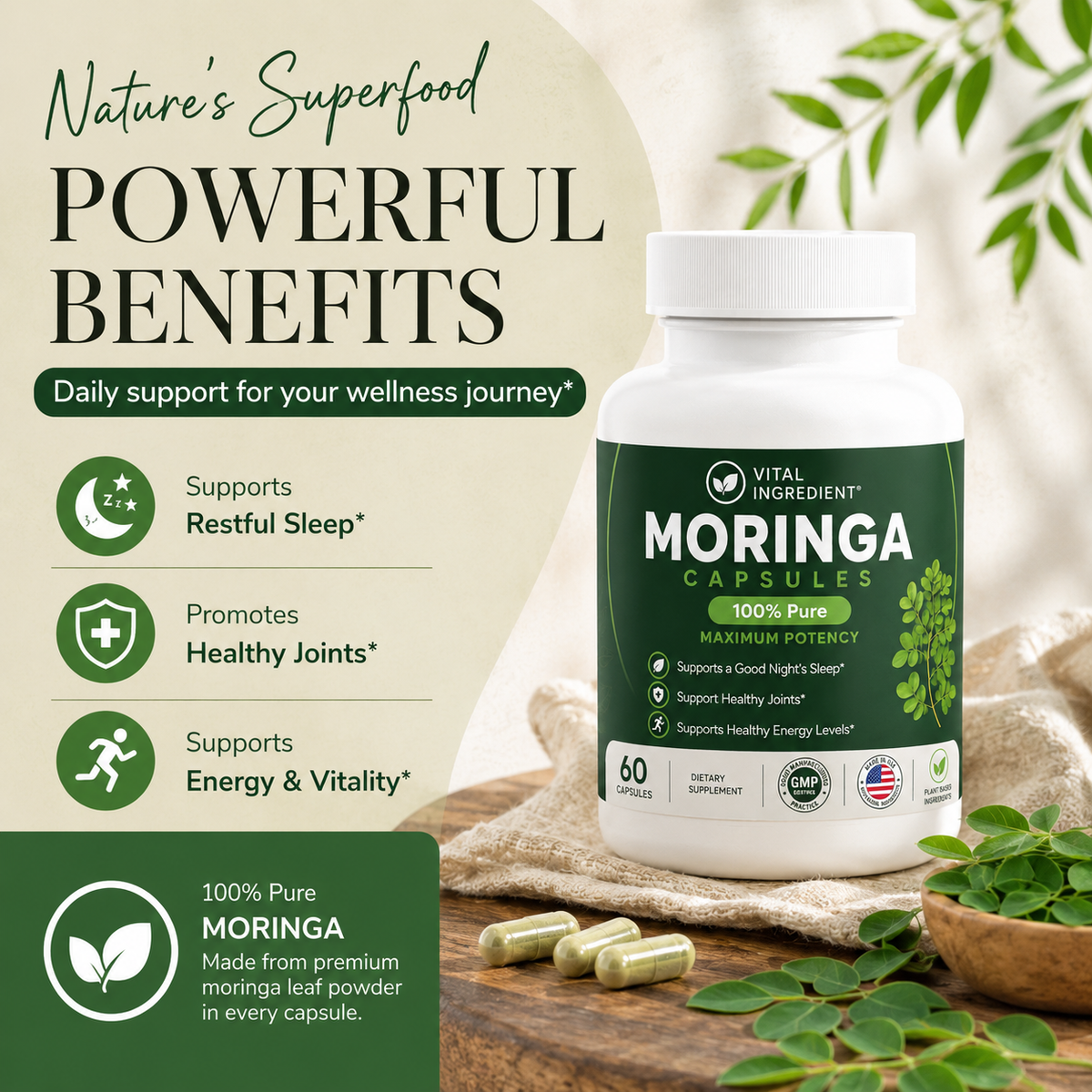 Moringa Capsules | Pure Moringa Oleifera Leaf | Daily Greens & Nutrition Support