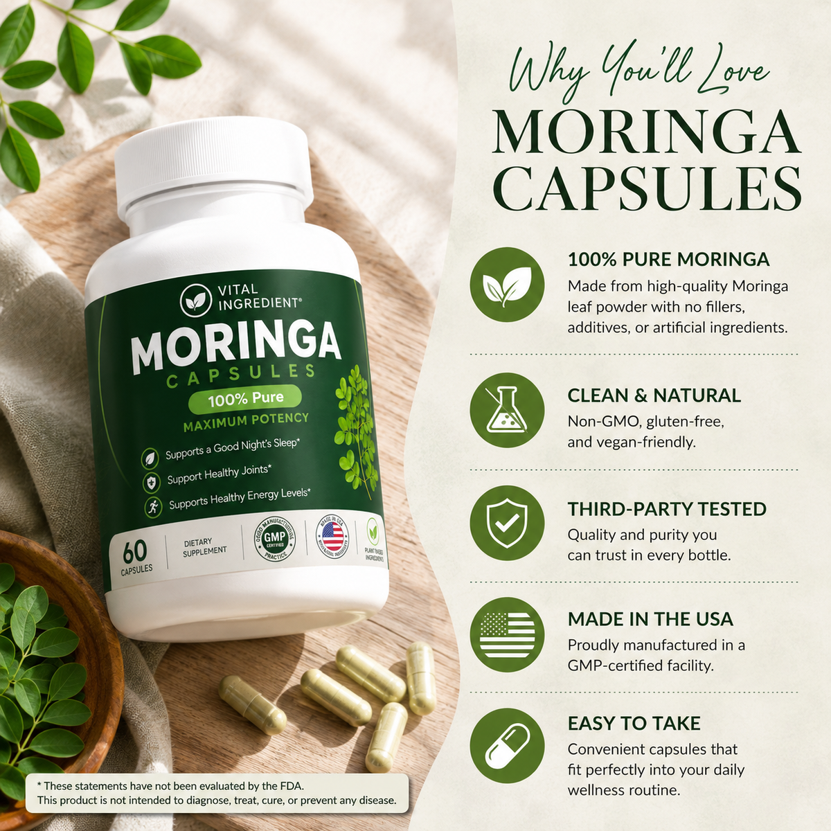 Moringa Capsules | Pure Moringa Oleifera Leaf | Daily Greens & Nutrition Support