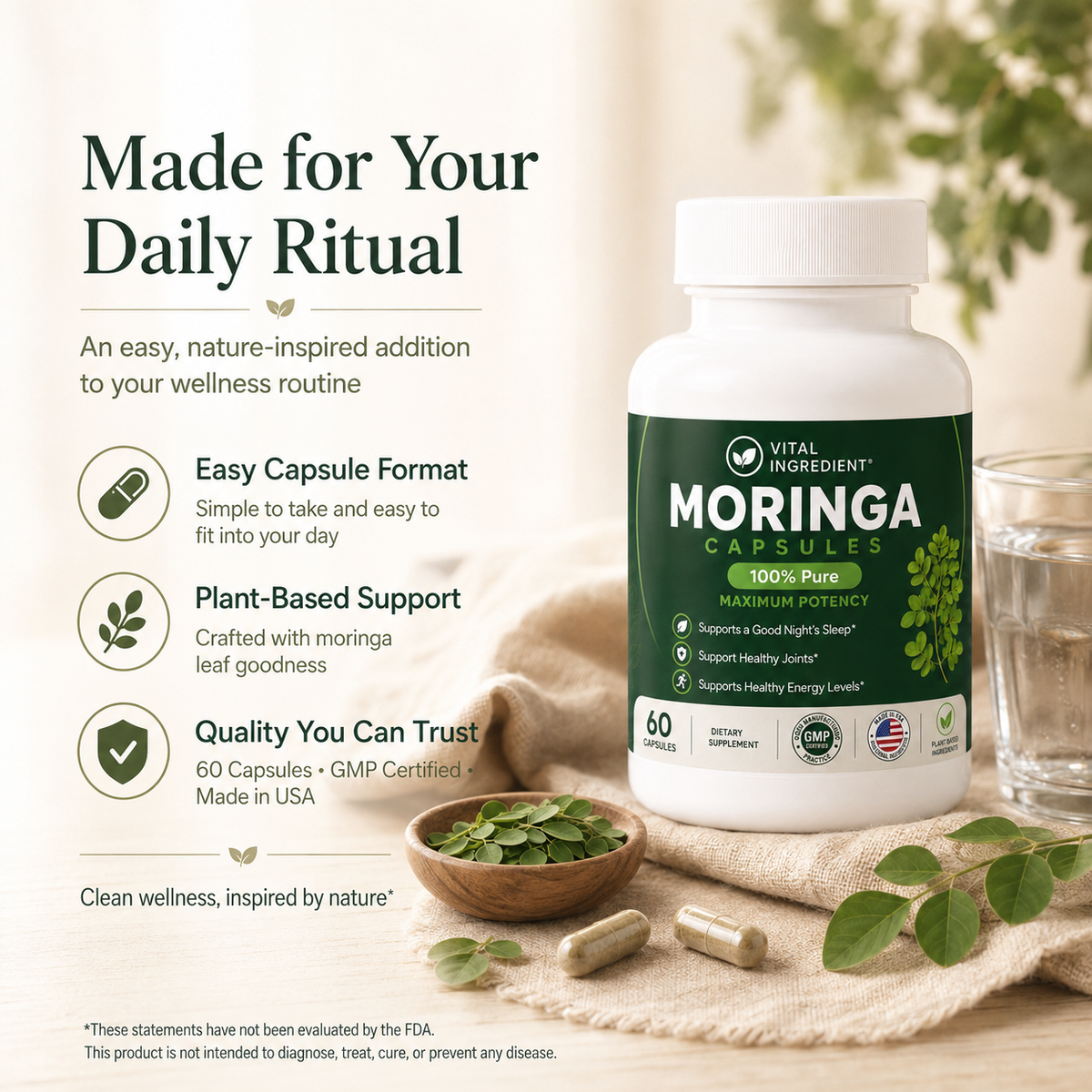 Moringa Capsules | Pure Moringa Oleifera Leaf | Daily Greens & Nutrition Support