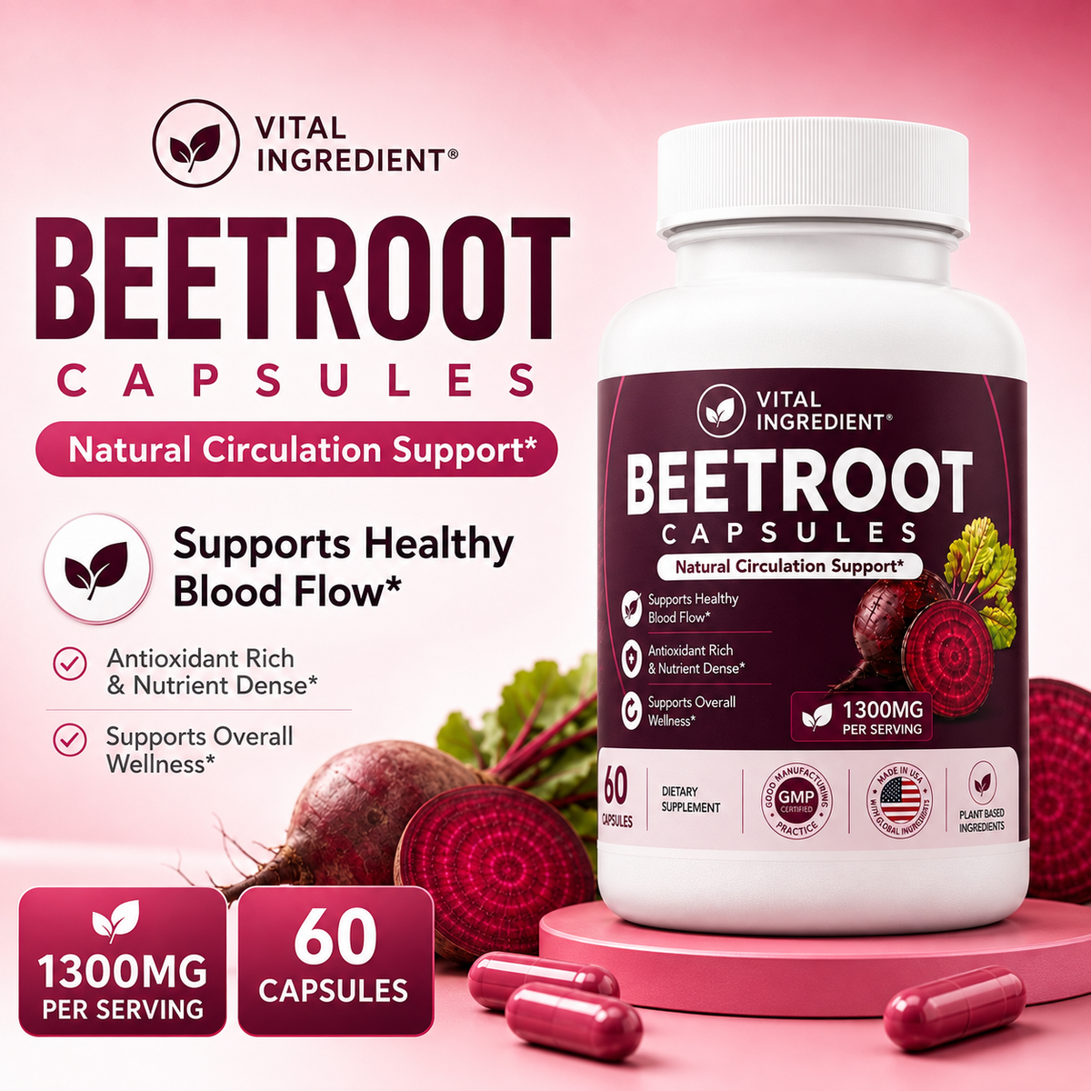 Organic Beetroot Capsules | 1300mg Per Serving | Nitric Oxide & Circulation Support