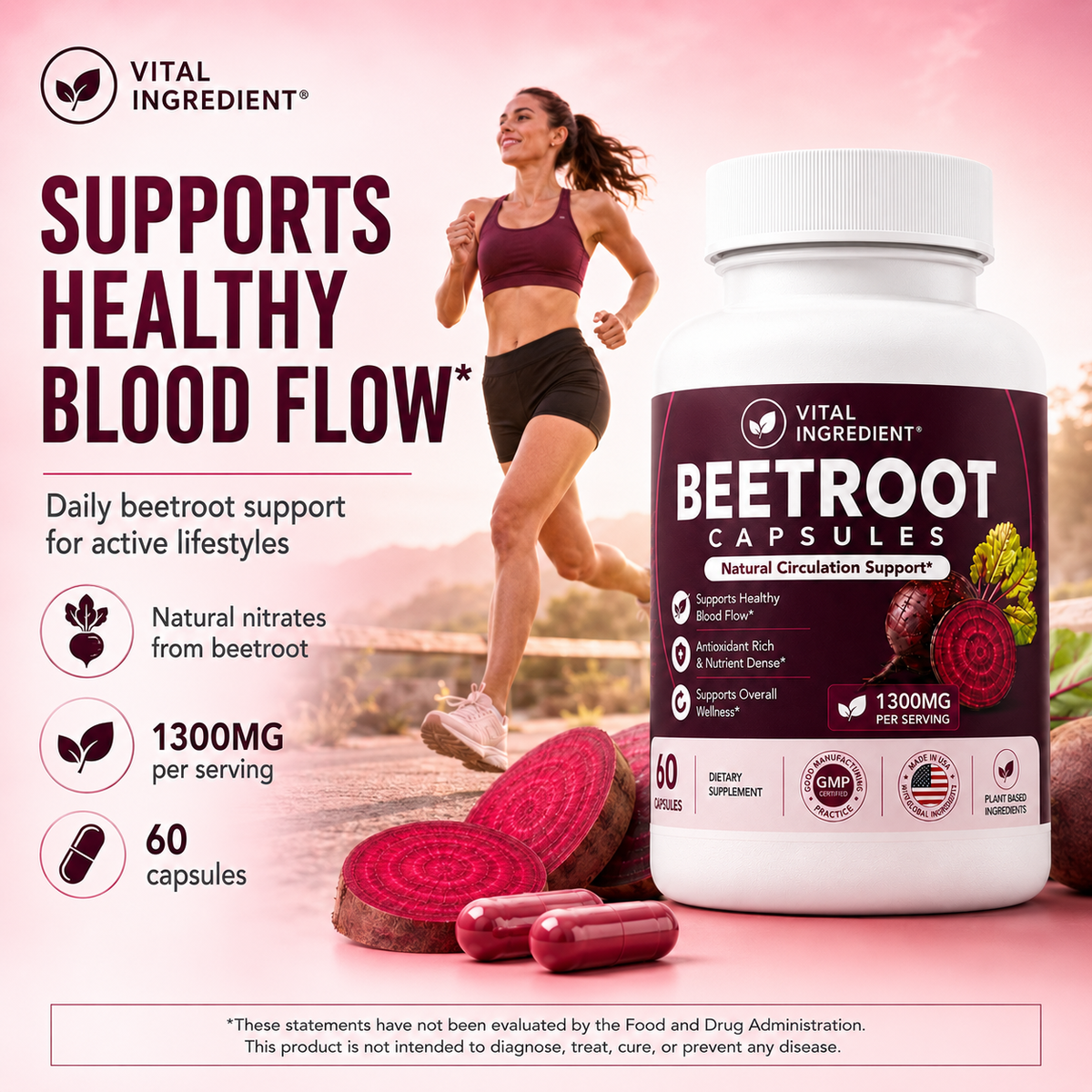 Organic Beetroot Capsules | 1300mg Per Serving | Nitric Oxide & Circulation Support