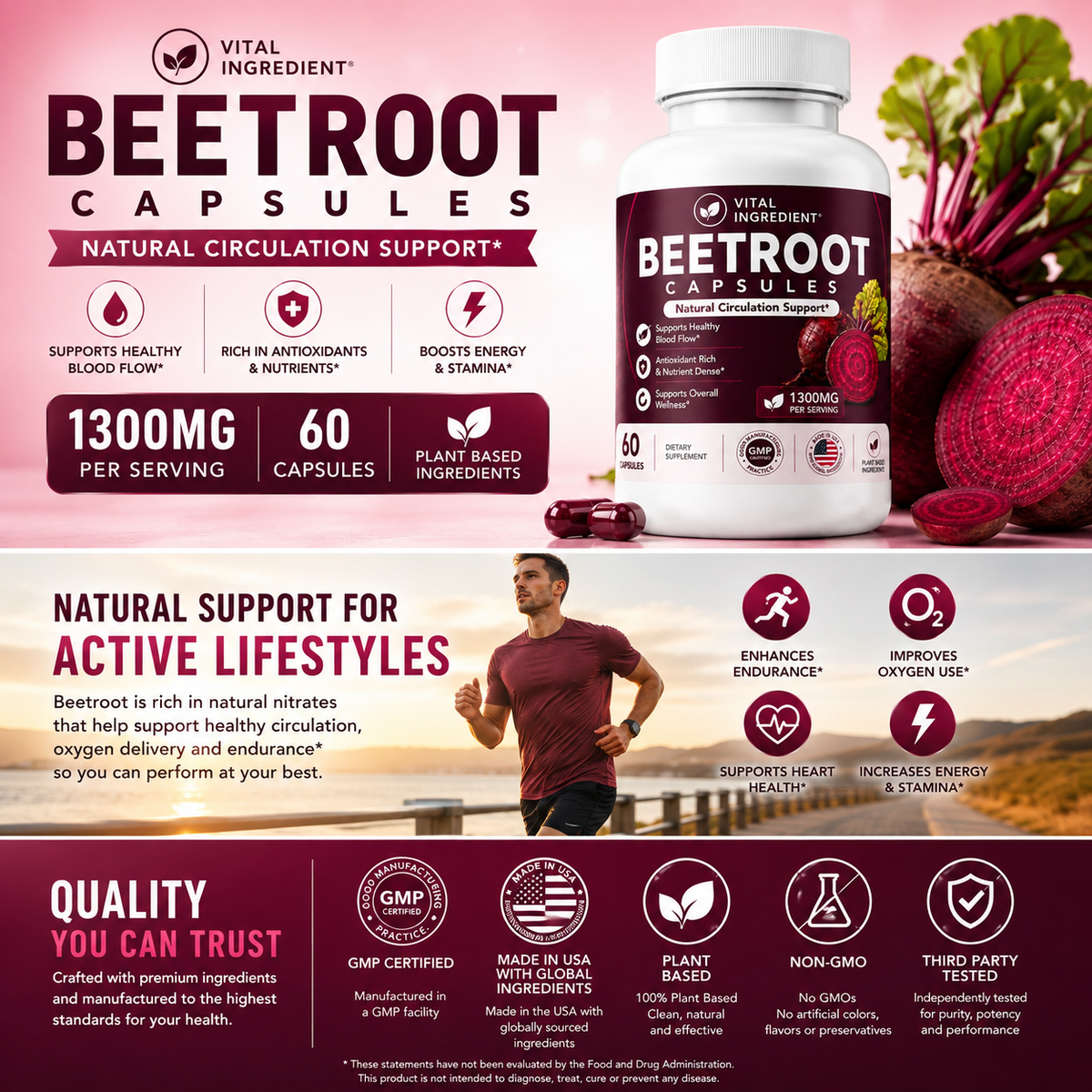 Organic Beetroot Capsules | 1300mg Per Serving | Nitric Oxide & Circulation Support