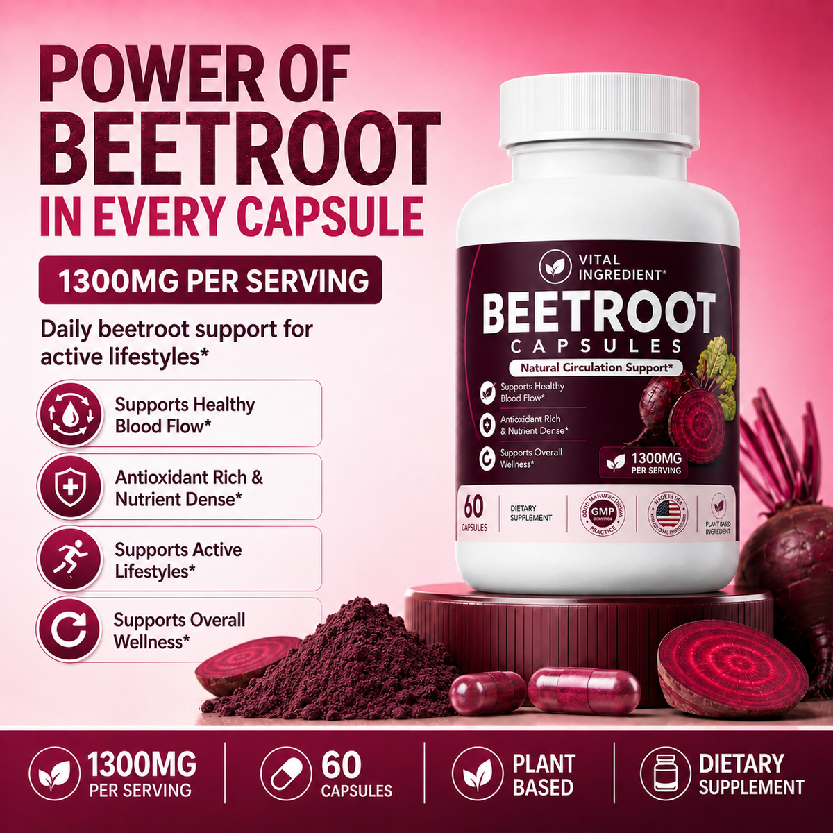 Organic Beetroot Capsules – 1300mg per Serving